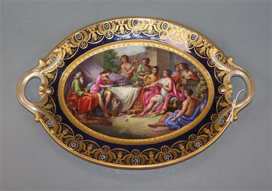 A Sevres style, probably circa 1900, oval twin handled dish, hand painted length 35cm